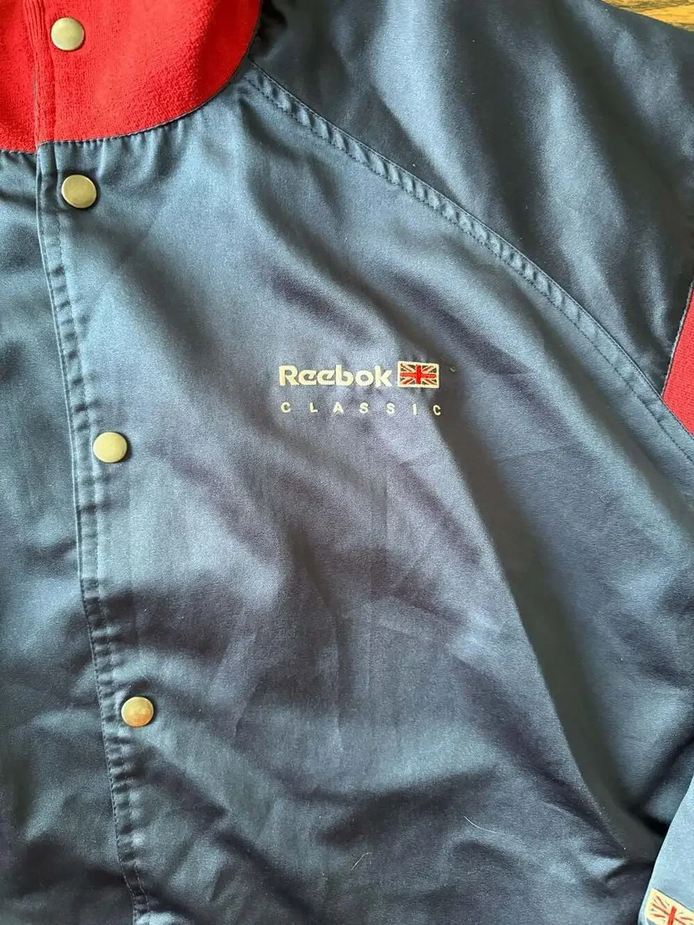 Vintage Reebok Classic Satin Snap Bomber Jacket Navy Red 2XL